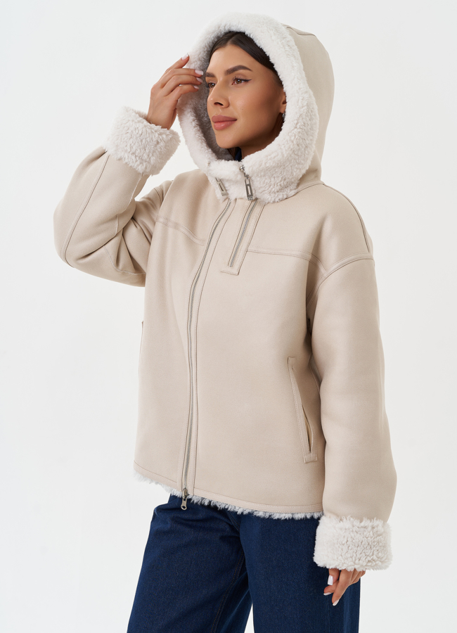 Двухсторонняя дубленка из эко кожи с капюшоном модель № 28653 универмаг малина