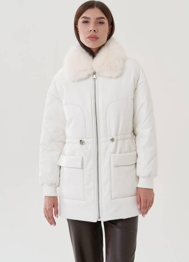 фото Куртка утепленная из эко кожи с отделкой из меха песца модель № 25497