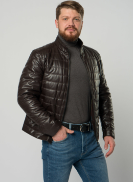 Мужская  утепленная куртка из натуральной кожи коричневого цвета