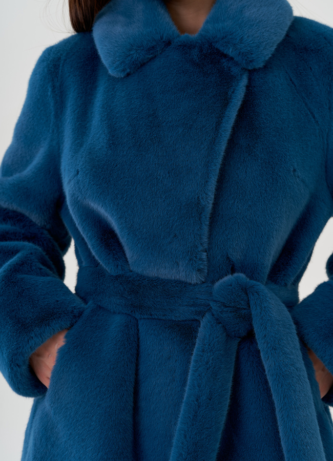 Удлиненная шуба из экомеха с поясом модель № 81535 универмаг малина