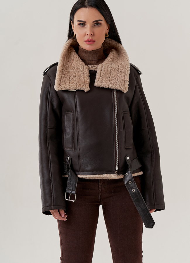 Женская дубленка - пилот  модель № 79595 меха малина