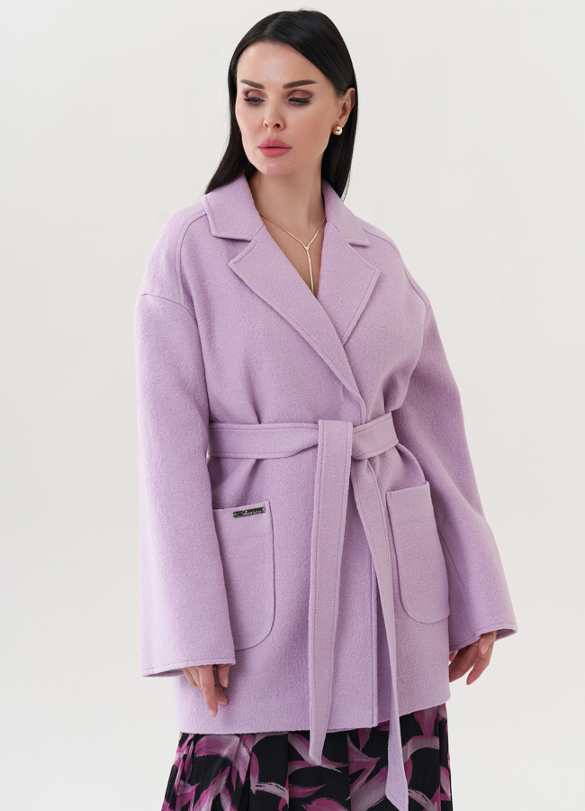 Пальто фиолетового цвета под пояс модель № 26718 в кредит