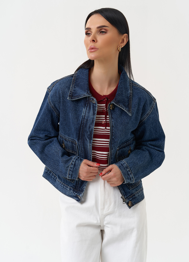 Женская джинсовая куртка синего цвета модель № 30412 меха малина Женская джинсовая куртка синего цвета модель № 30412 меха малина