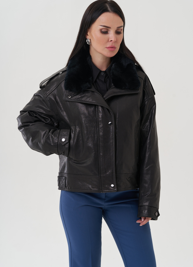 Куртка из натуральной кожи с отделкой из меха кролика модель № 25380 в рассрочку