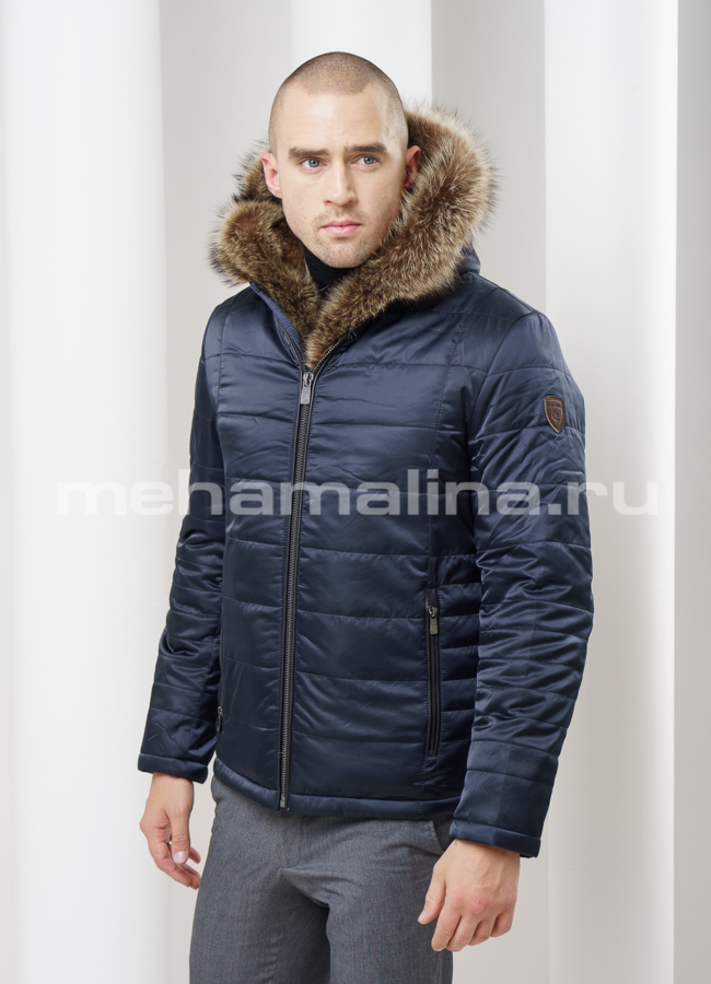 Куртка синего цвета, на молнии модель № KM-5 меха малина