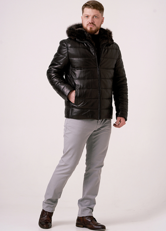 Пуховик из натуральной кожи на молнии с капюшоном модель № 1829 универмаг малина