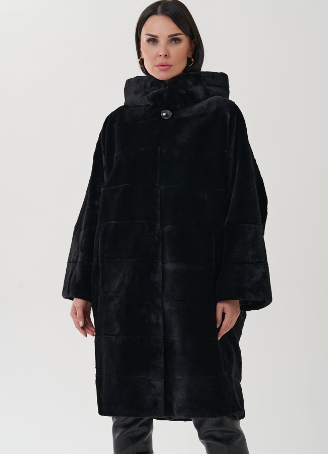 Шуба их меха кролика с капюшоном черного цвета модель № 25334 универмаг малина