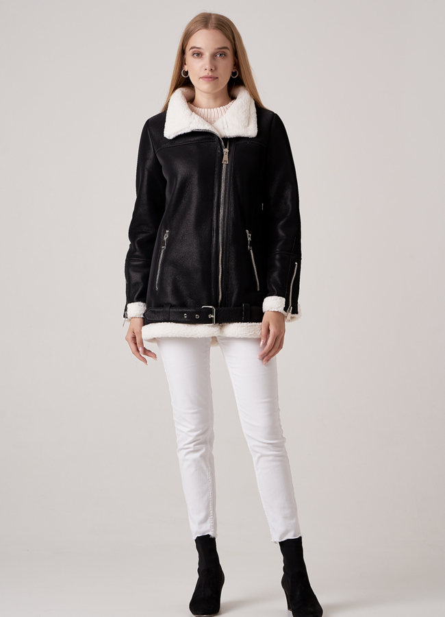 Дубленка из эко кожи черного цвета модель № 18807-2 меха малина