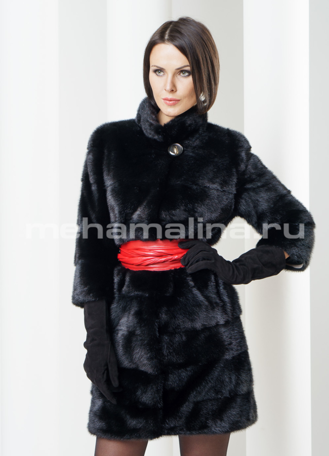 Шуба норка, стойка, цвет черный модель № S-235 меха малина