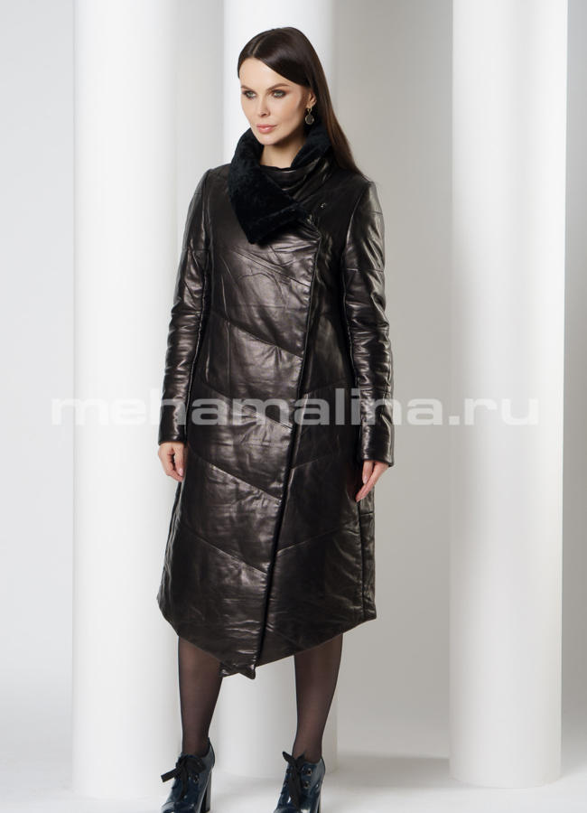 Пуховик из натуральной кожи на молнии с воротником, отделка овчина модель № 923 в кредит