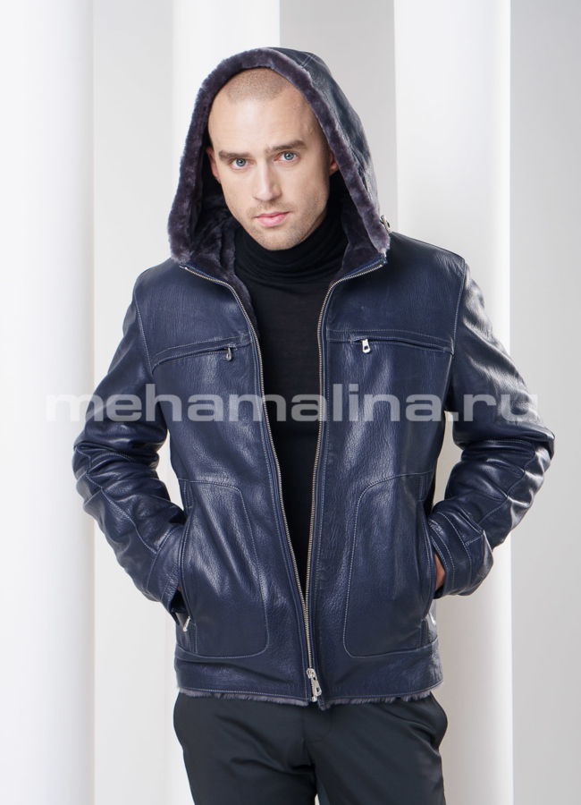 Дубленка с капюшоном, цвет синий модель № DM-74 в кредит