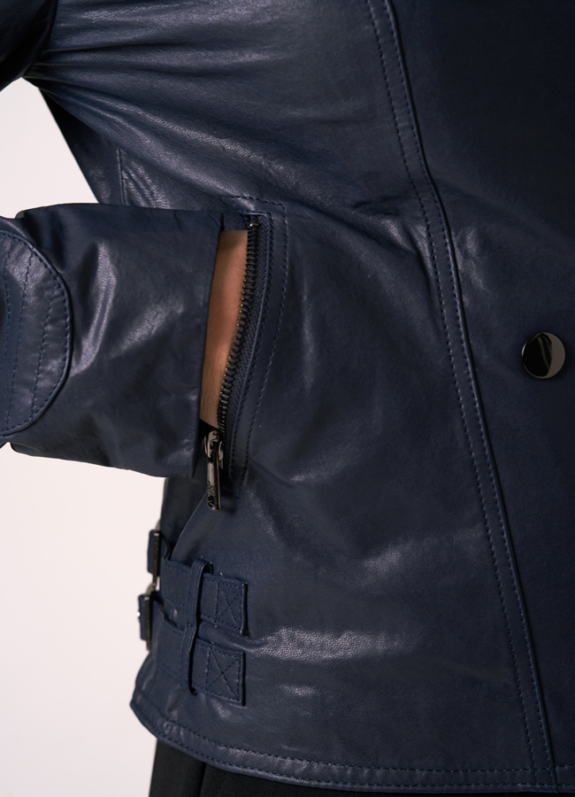 Куртка из натуральной кожи синего цвета модель № 5244-1 в рассрочку