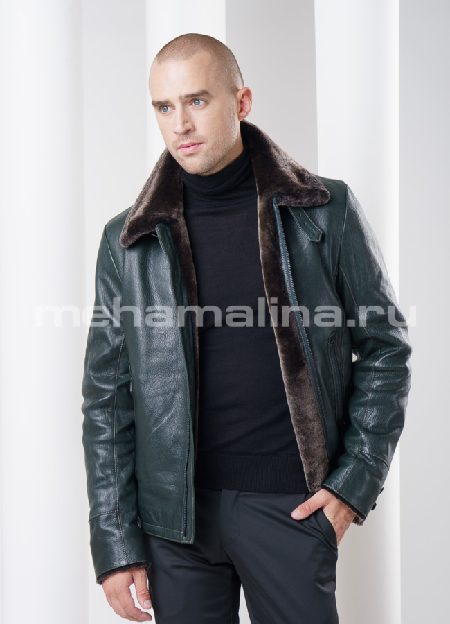 фото Мужская дубленка на молнии, цвет зеленый модель № DM-72