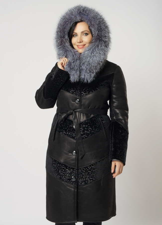 фото Дубленка эко на пуговицах с отделкой из чернобурки модель № 8207