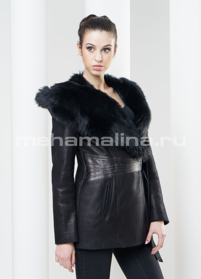 Дубленка на молнии модель № D-142 меха малина