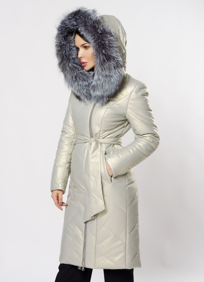 Удлиненный пуховик из эко кожи с чернобуркой модель № 19347 универмаг малина