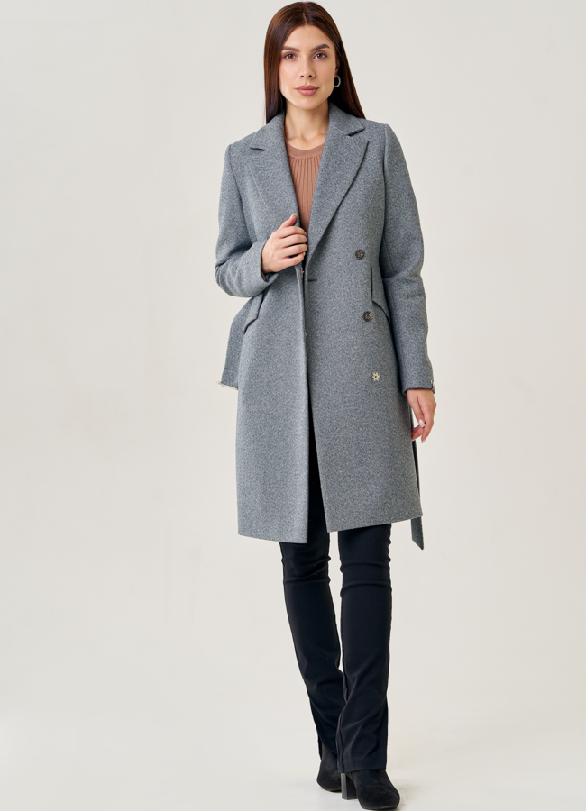 Женское пальто серого цвета с поясом модель № 75566 в кредит