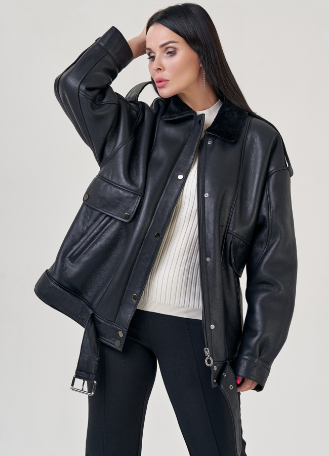 Женская дубленка пилот черного цвета  модель № 22240 в рассрочку