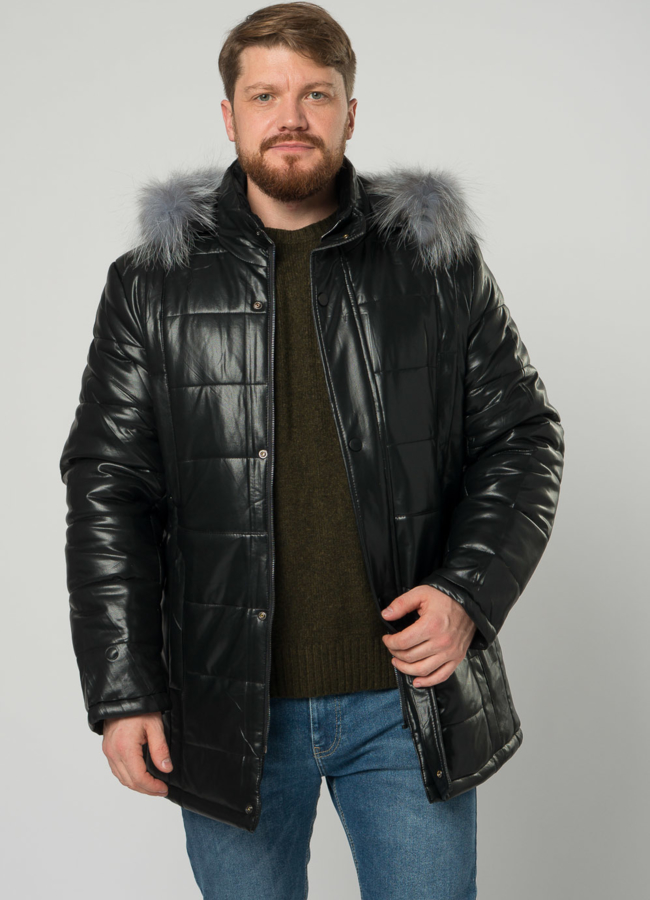 Мужской пуховик из эко кожи с капюшоном модель № 21877 универмаг малина