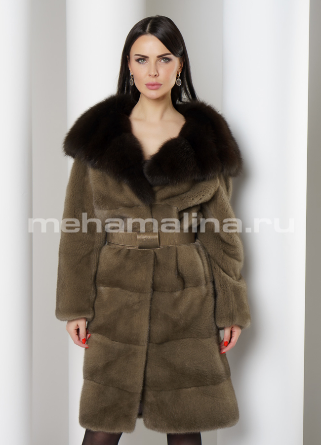 Шуба из норки с капюшоном, отделка куница модель № S-779 универмаг малина