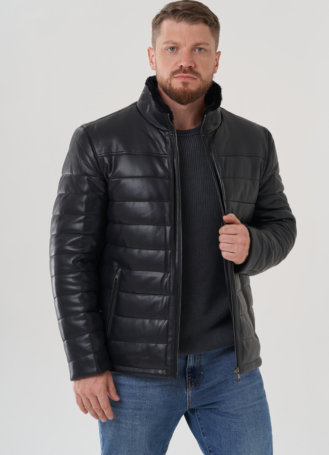 Пуховик мужской из эко кожи  модель № 81849 в рассрочку
