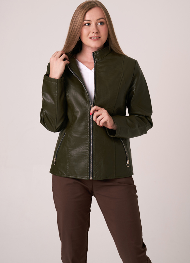 Куртка из эко кожи в зеленом цвете модель № 212-2 меха малина