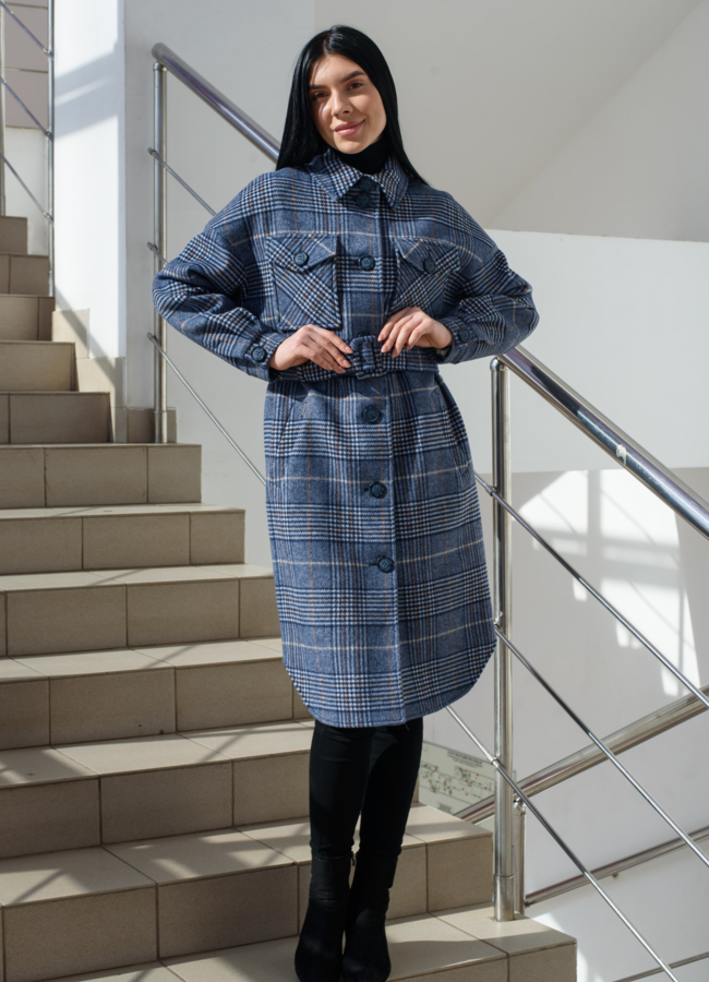 Женское пальто - рубашка синего цвета модель № 21837 в рассрочку