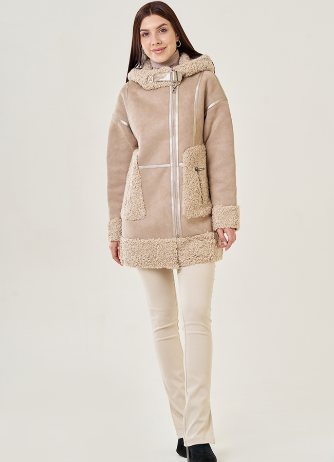 Женская искусственная дубленка с капюшоном модель № 23072 в рассрочку