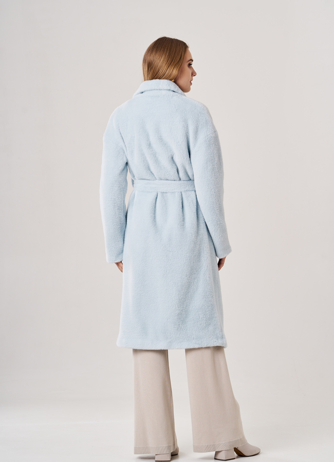 Пальто женское голубого цвета с поясом модель № T4F W9822 универмаг малина