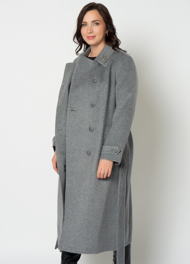 Женское пальто серого цвета с поясом модель № 21373 универмаг малина