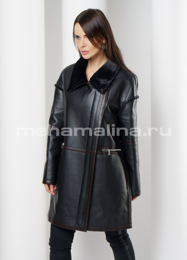 Дубленка из эко кожи черного цвета на молнии модель № 9619 универмаг малина