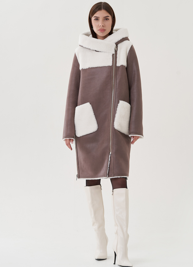 Двухсторонняя дубленка в цвете мокко модель № 25404 меха малина