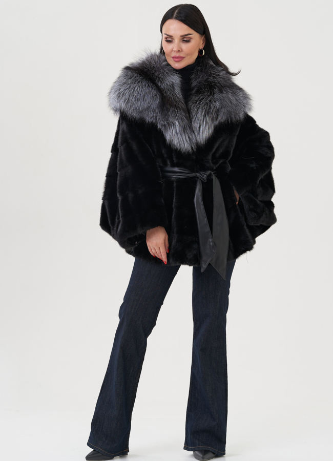 фото Шуба из норки с капюшоном из чернобурки модель № 24731