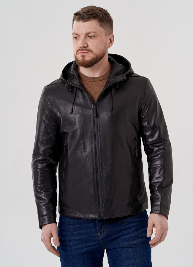 Кожаная куртка с капюшоном на молнии модель № 10980, 24371 в рассрочку