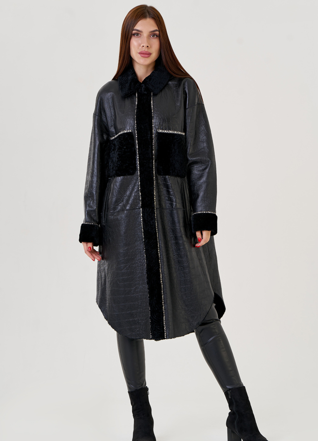 Двухсторонняя женская дубленка черного цвета  модель № 23357 универмаг малина