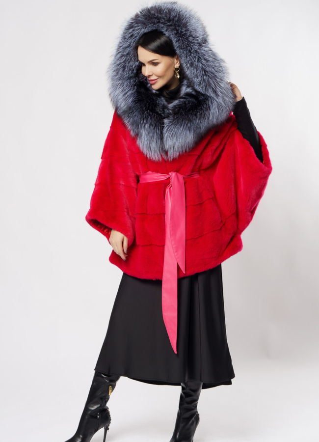 фото Норковая шуба красного цвета с капюшоном  модель № 2012-8