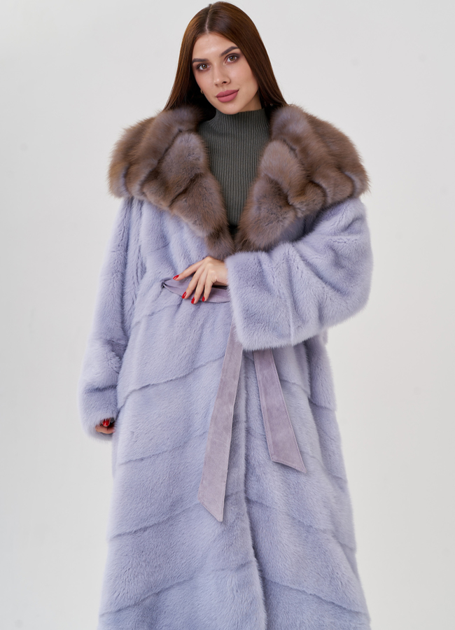 Норковая шуба с отделкой из куницы модель № 23083 универмаг малина