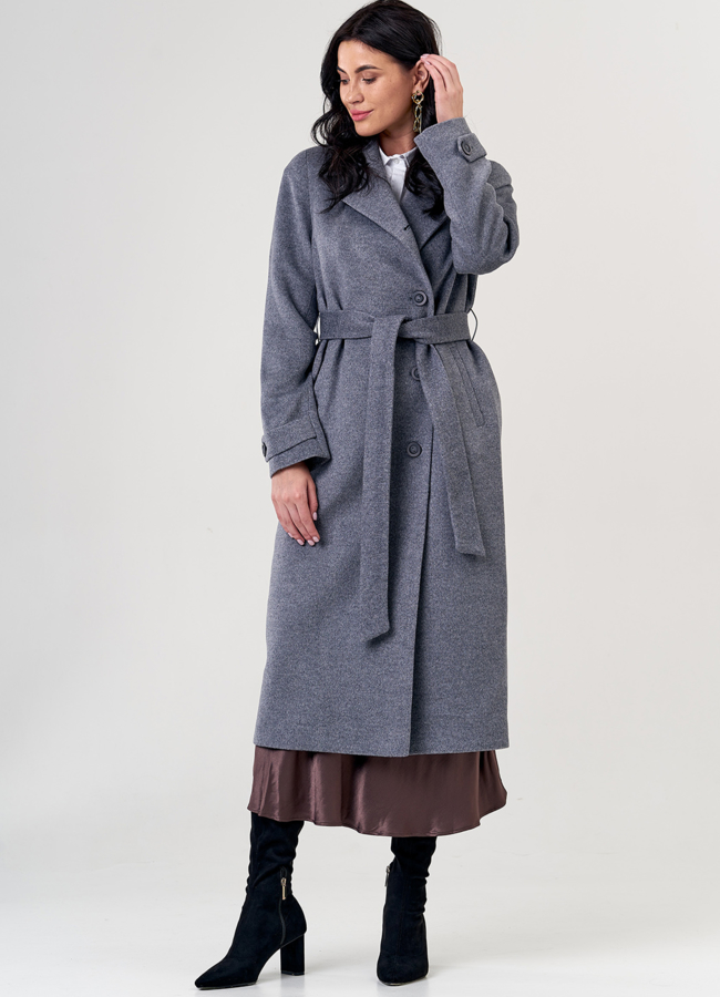 Женское пальто серого цвета с поясом модель № 21373 в кредит