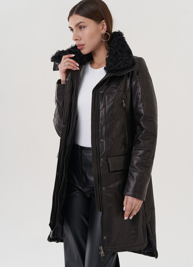 Кожаный пуховик с воротником на молнии и кнопках  модель № 19919 универмаг малина