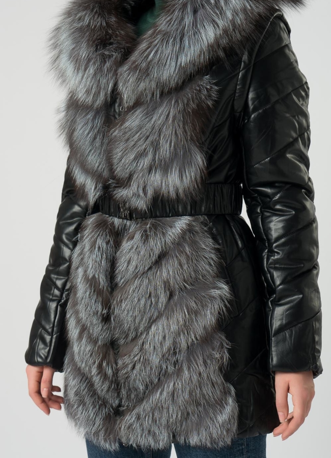 Пуховик трансформер из эко кожи черного цвета с чернобуркой модель № 19560, 76642 универмаг малина