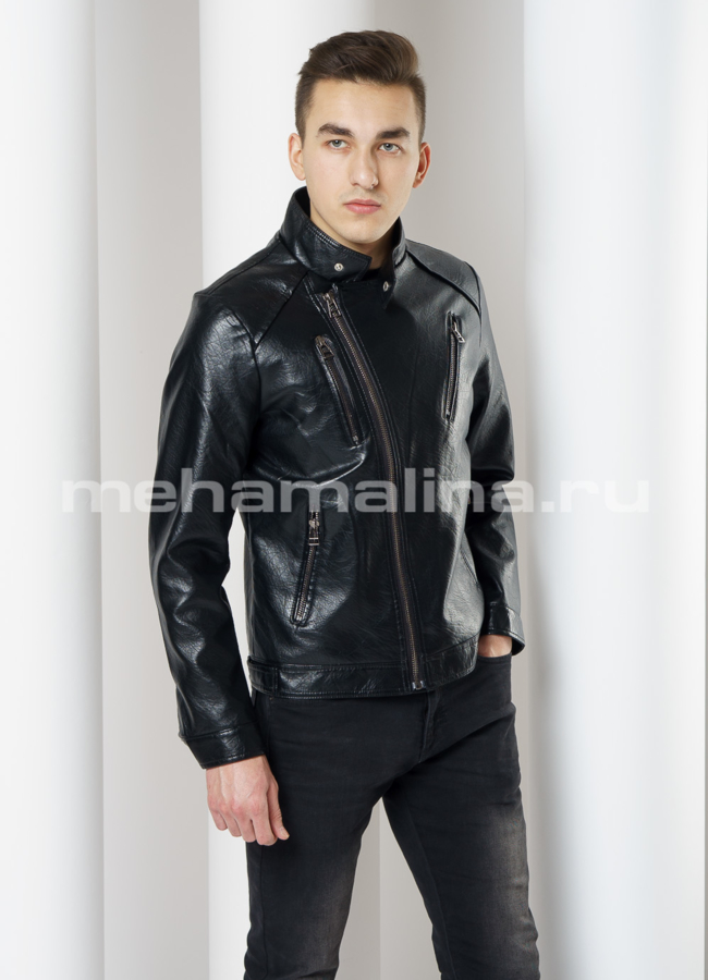 Косуха из эко кожи черного цвета модель № 01 меха малина