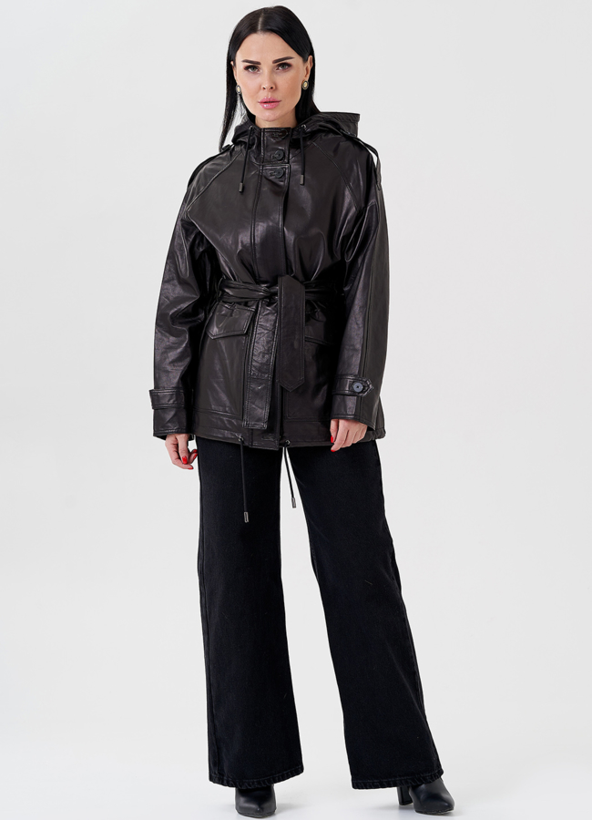 Женская куртка из натуральной кожи с капюшоном  модель № 24090 в кредит