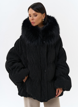 Женский блестящий пуховик с отделкой из меха чернобурки