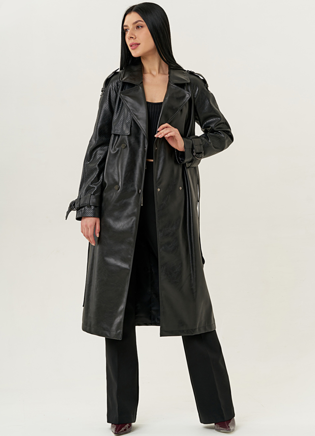 Женский удлиненный тренч из эко кожи черного цвета с поясом модель № 20714 универмаг малина