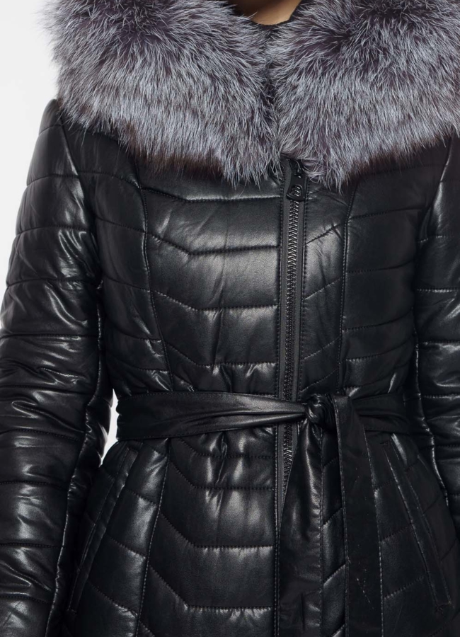 Пуховик из эко кожи черного цвета модель № 9801 универмаг малина