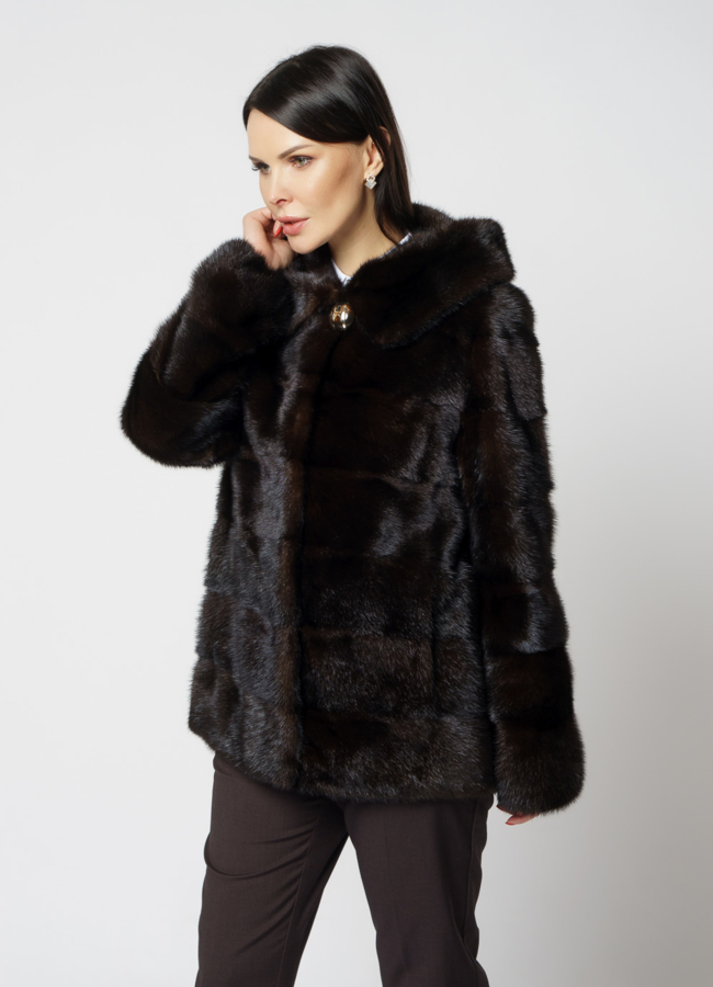 Укороченная норковая шуба с капюшоном 2 в 1 модель № S-819 меха малина