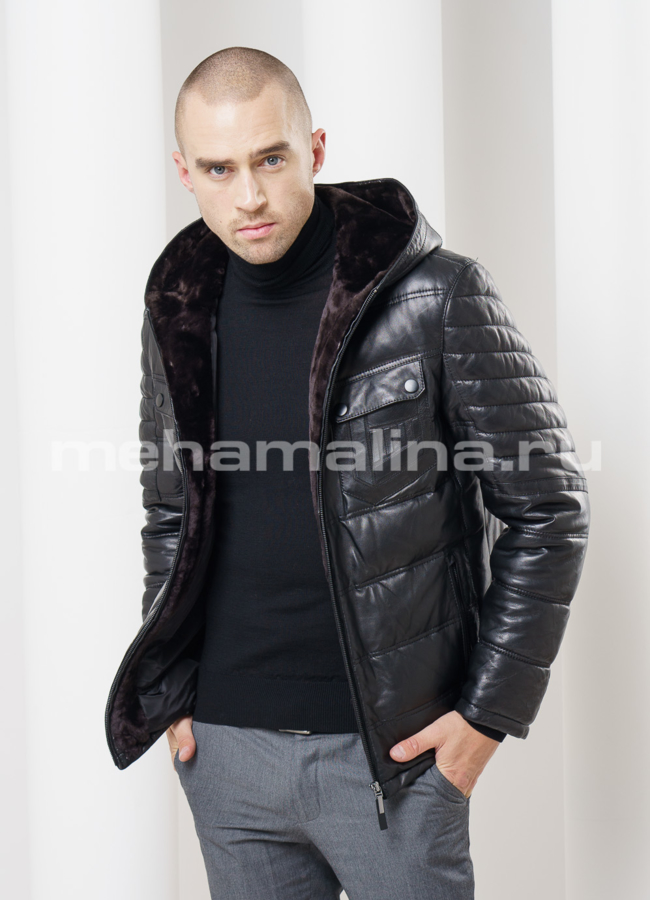 Кожаный пуховик модель № ПМ-54 меха малина