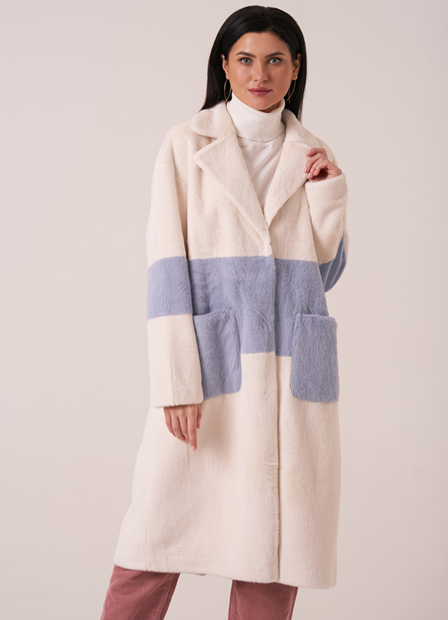 Эко шуба белого цвета с накладными карманами модель № 36 меха малина