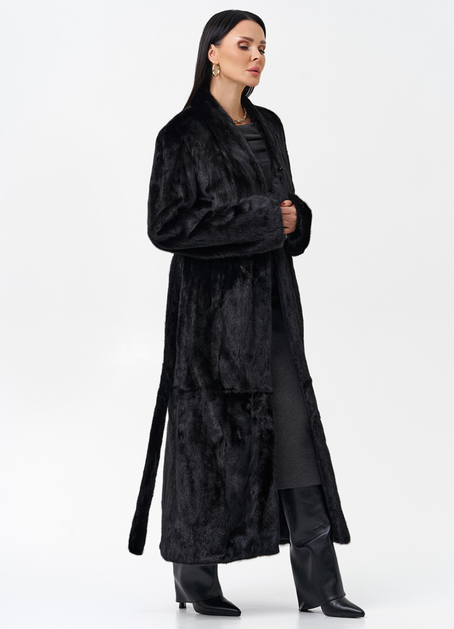 Длинная черная шуба из норки модель № 29092 универмаг малина