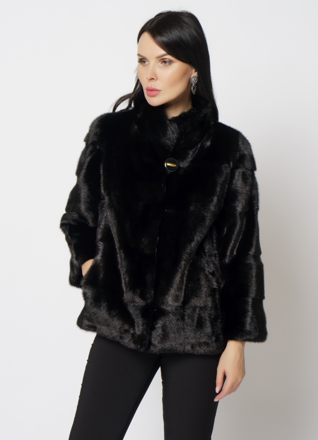 Норковая шуба с воротником стойка черного цвета  модель № 24730 универмаг малина